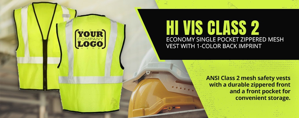 Hi Vis Class 2 Economy Single Pocket Zippered Mesh Vest with 1-Color Back Imprint