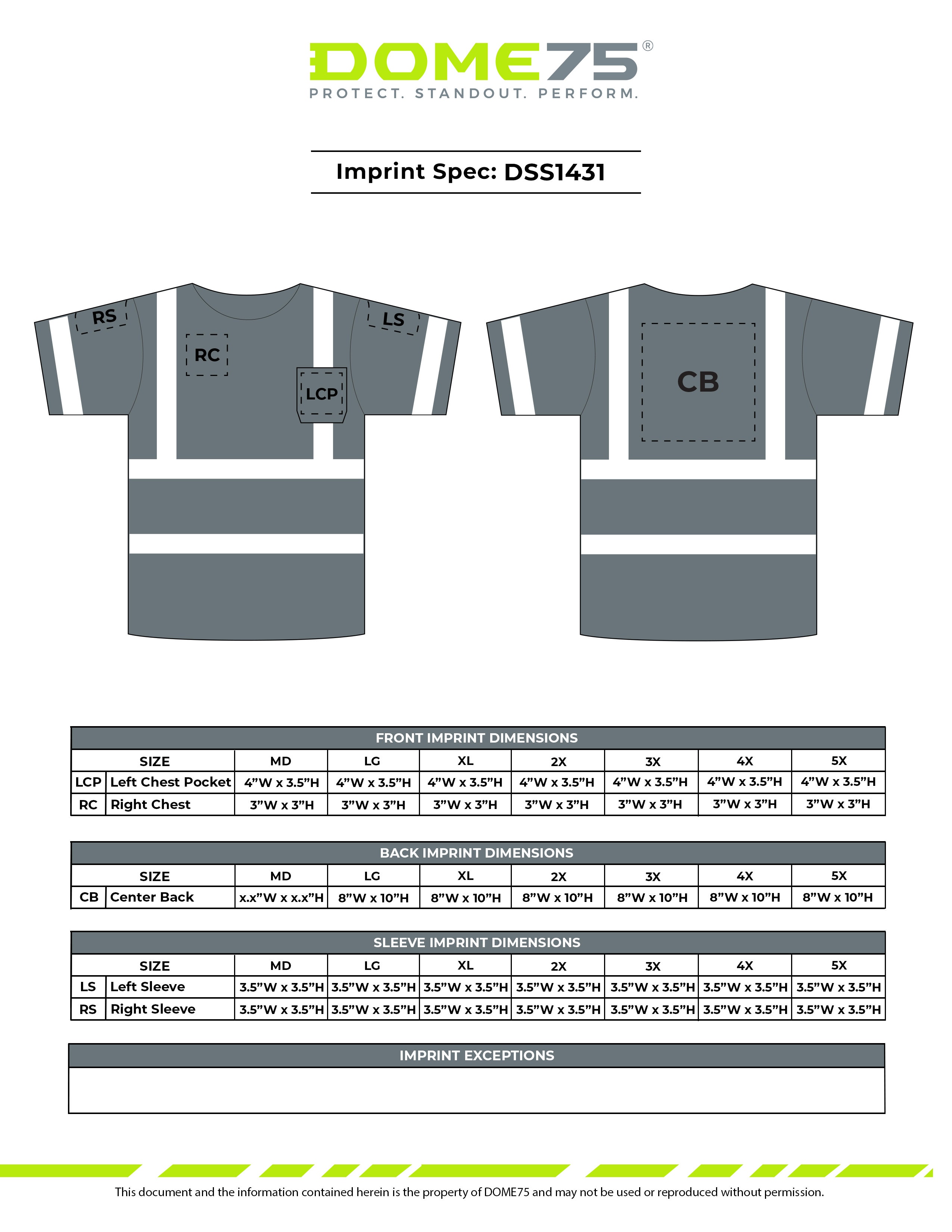 DOME75 DSS1431 Short Sleeve Shirt Imprint Spec Sheet