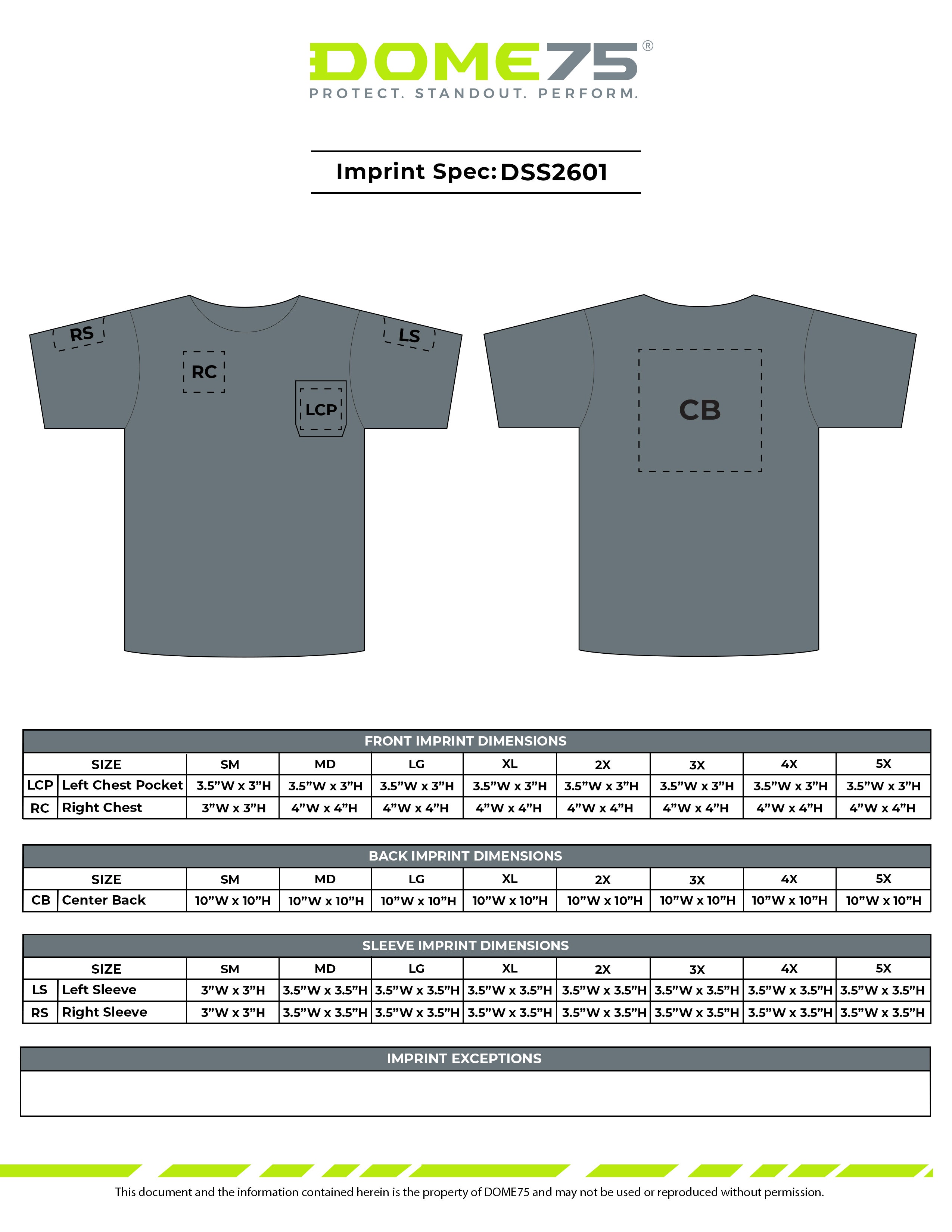 DOME75 DSS2601 Short Sleeve Shirt Imprint Spec Sheet