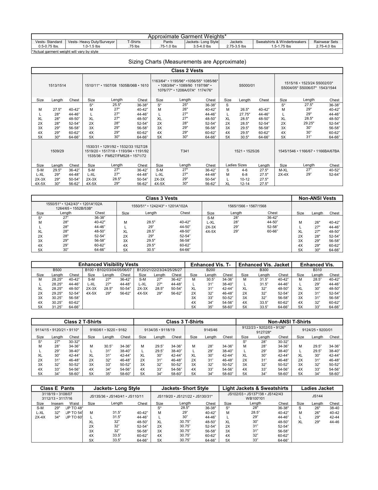 Ml Kishigo Size Chart