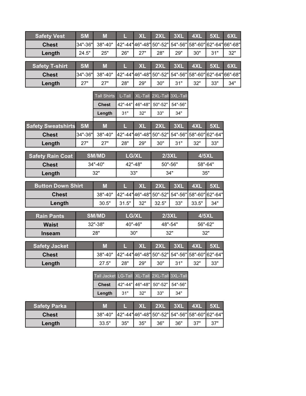 Bomber Jacket Size Chart