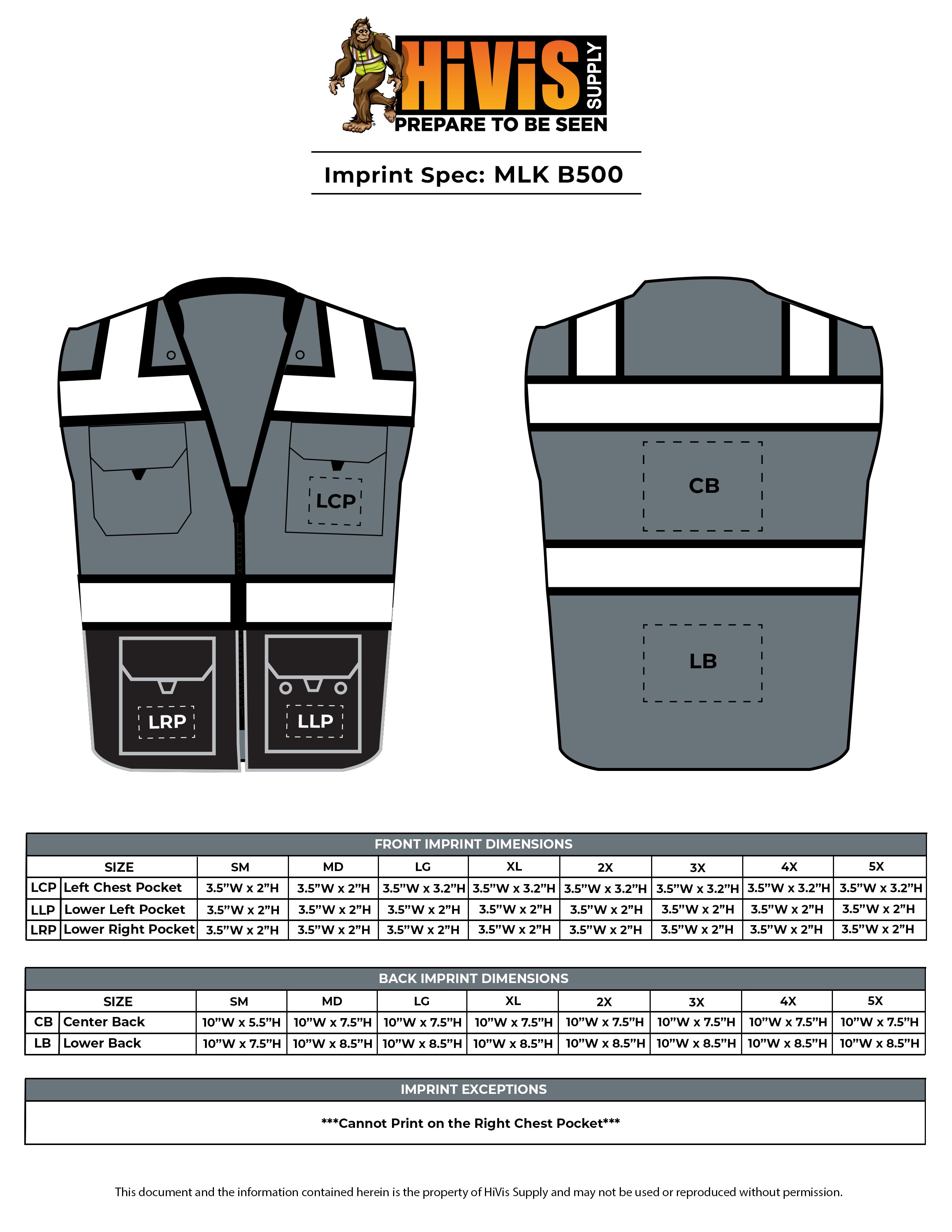 MLK B500 Professional Utility Vest Imprint Spec Sheet