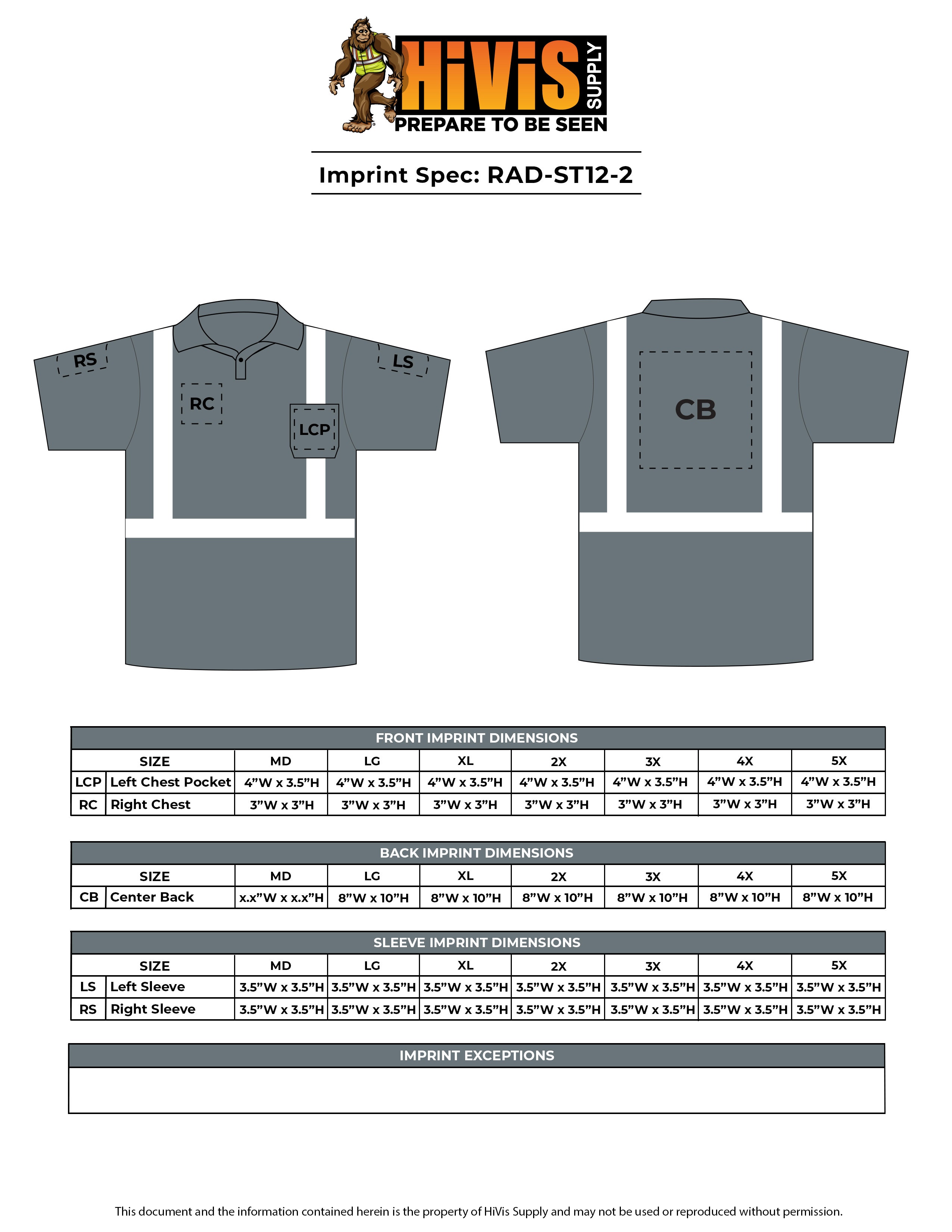 RAD ST12-2 Moisture Wicking Short Sleeve Polo Imprint Spec Sheet