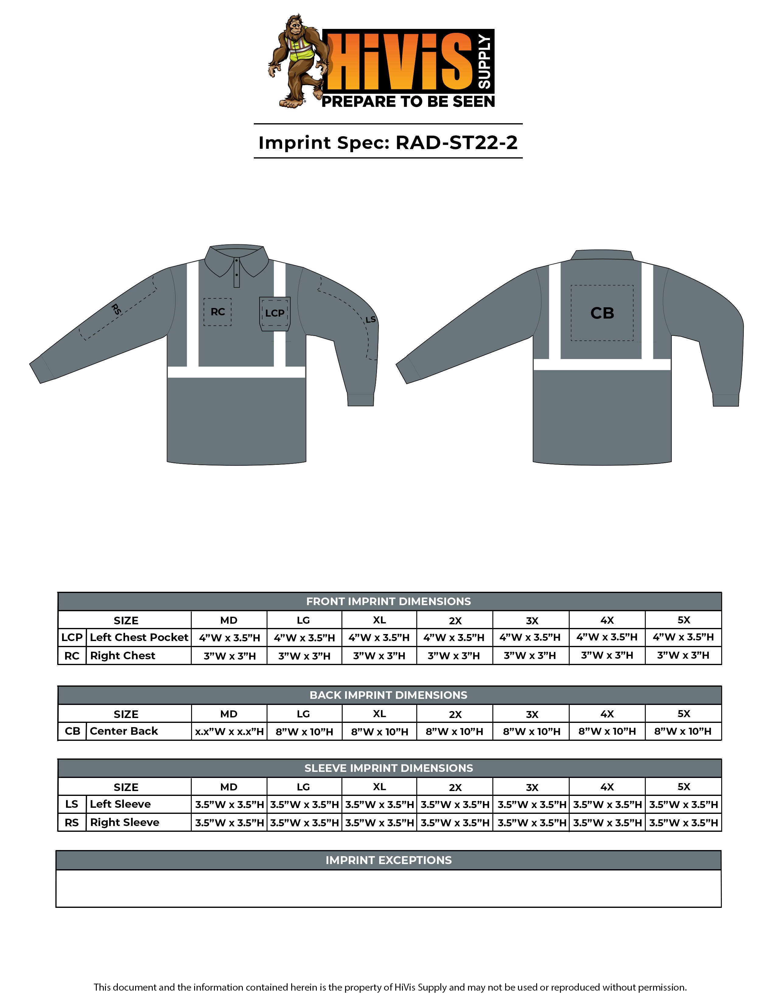 RAD ST22 Class 2 Long Sleeve Polo Imprint Spec Sheet