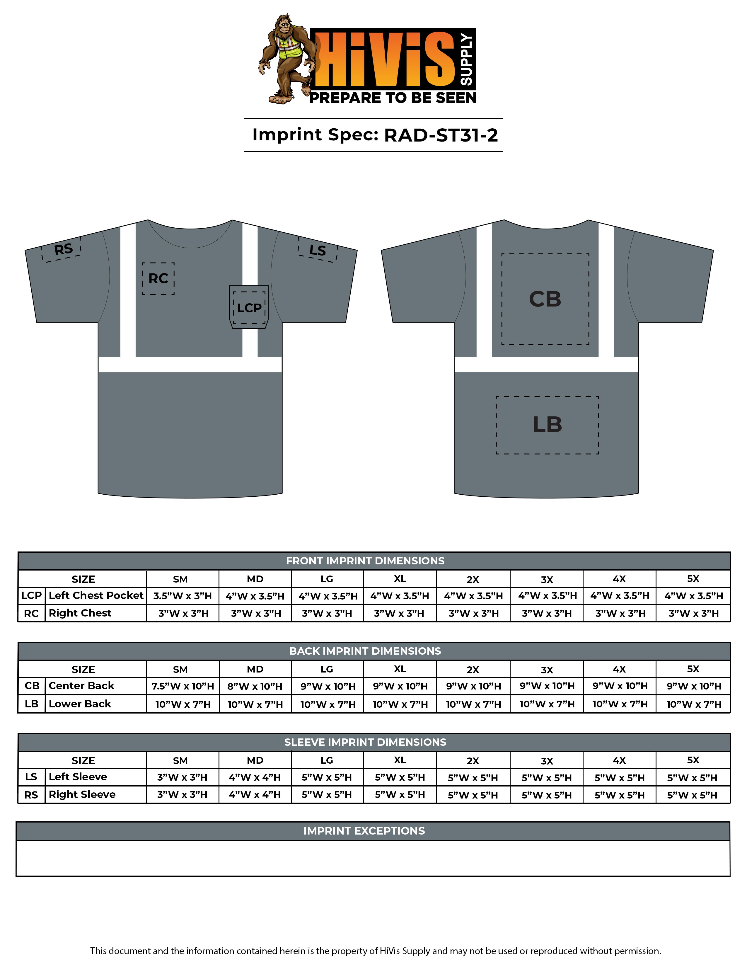 RAD ST31-2 Arctic Radwear Short Sleeve T-Shirt Imprint Spec Sheet