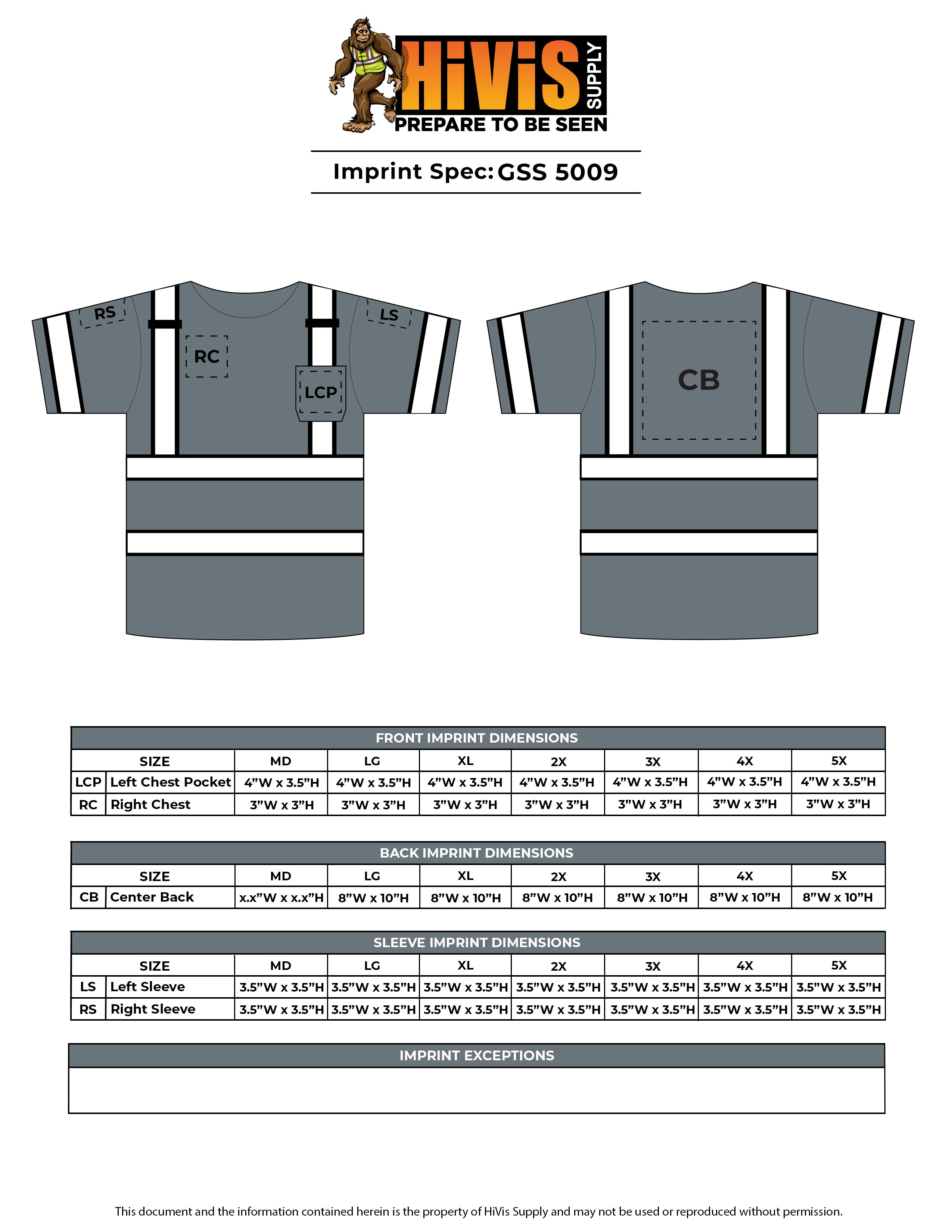 GSS 5009 Class 3 Short Sleeve Safety T-Shirt Imprint Spec Sheet