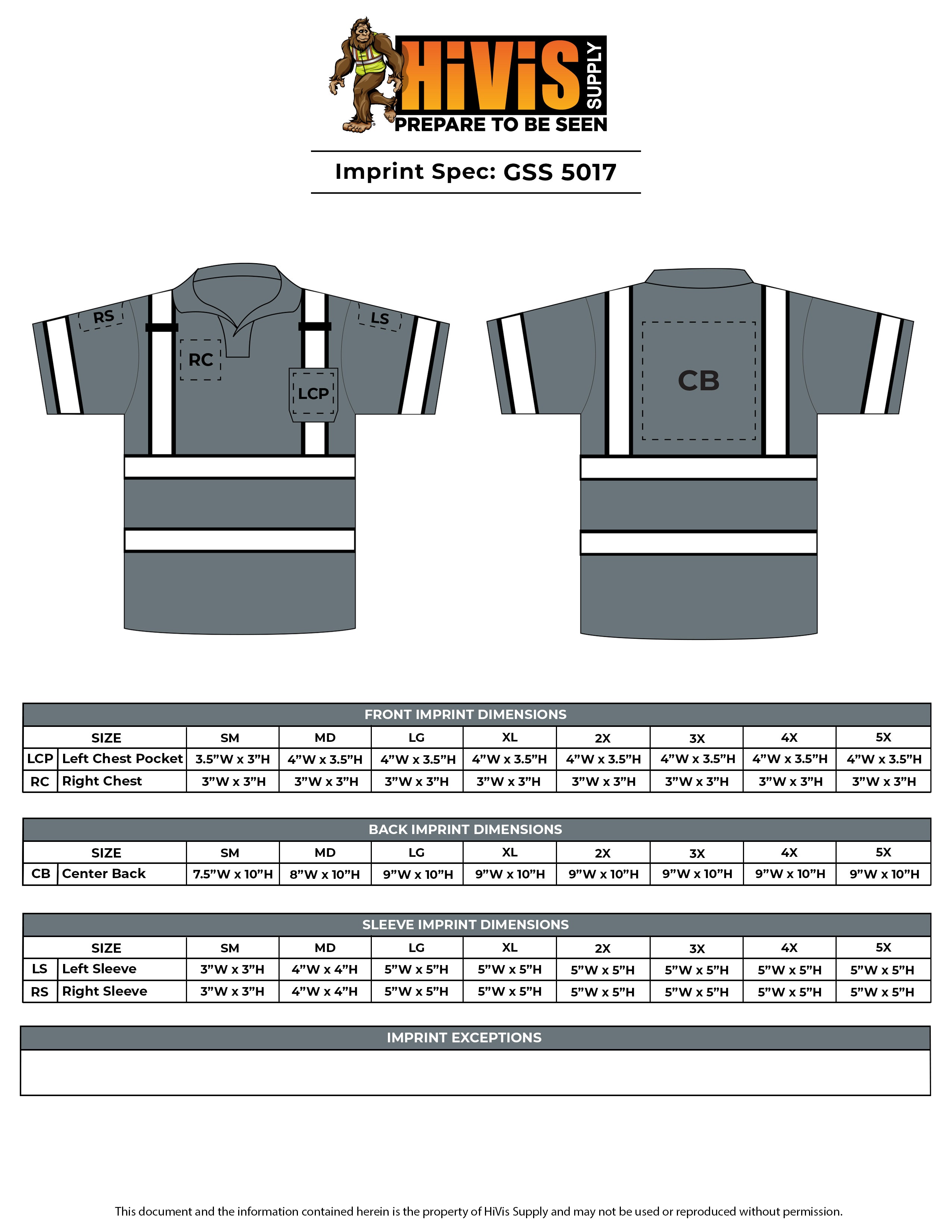 GSS 5017 Class 3 Two Tone Short Sleeve Safety Polo Imprint Spec Sheet