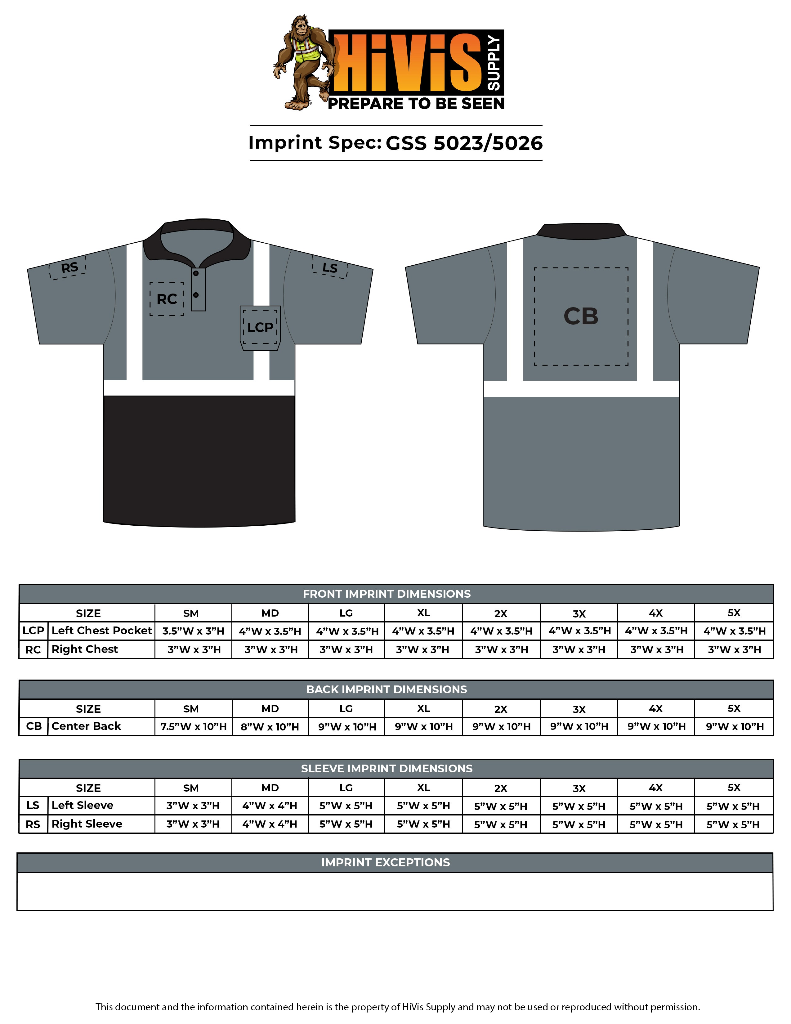 GSS 5023/5026 Enhanced Visibility Black Bottom Short Sleeve Polo Imprint Spec Sheet