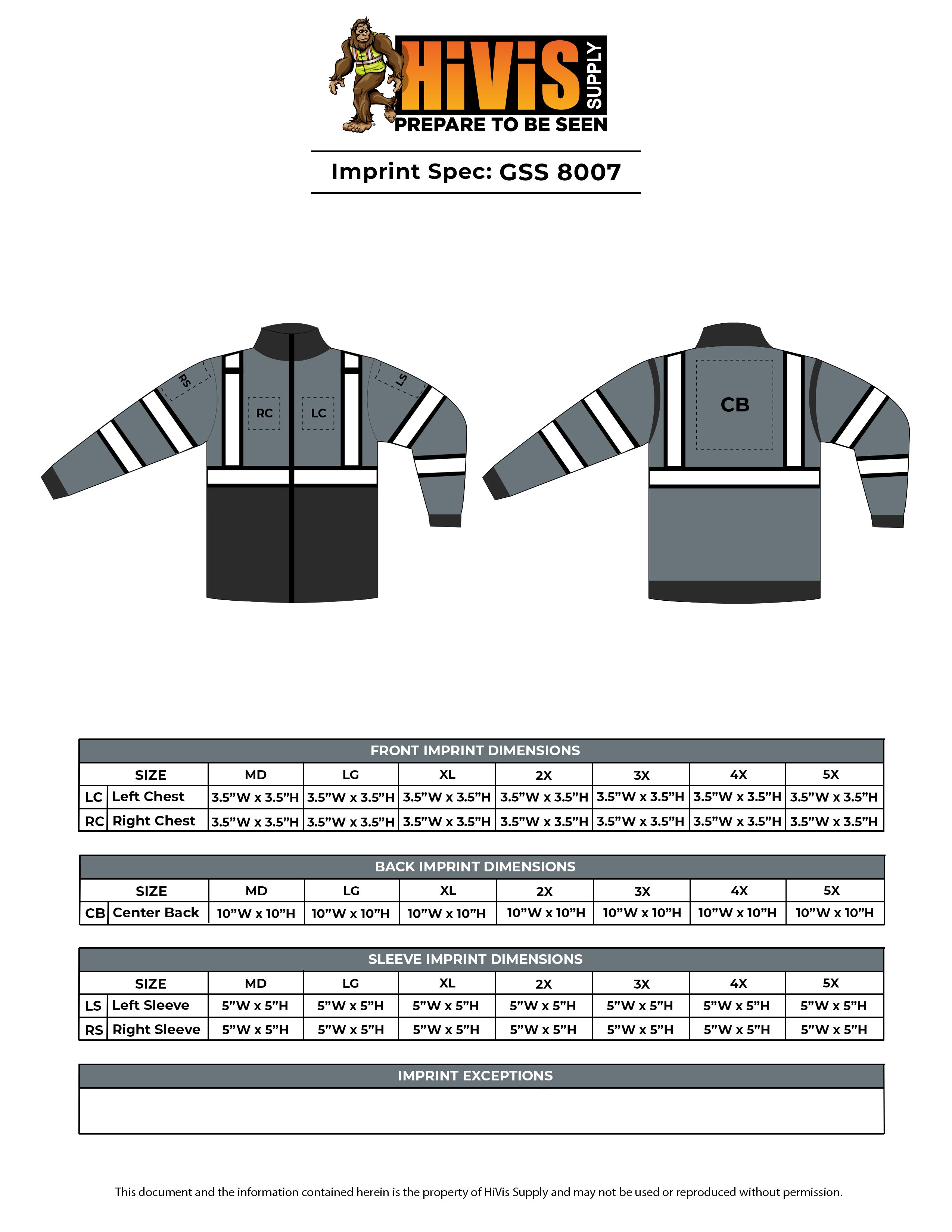 GSS 8007 Contrast Series Quilted Safety Jacket Imprint Spec Sheet