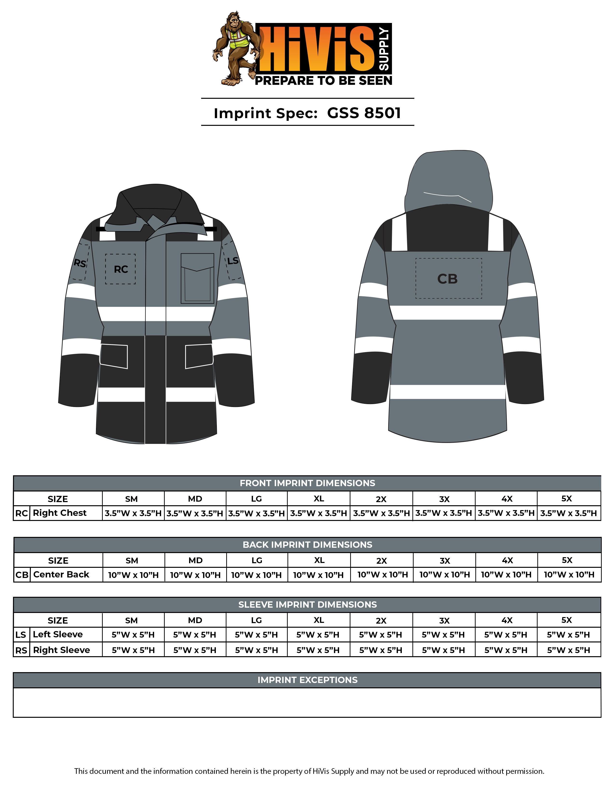 GSS 8501 Class 3 HiVis Fleece Lined Safety Parka Imprint Spec Sheet