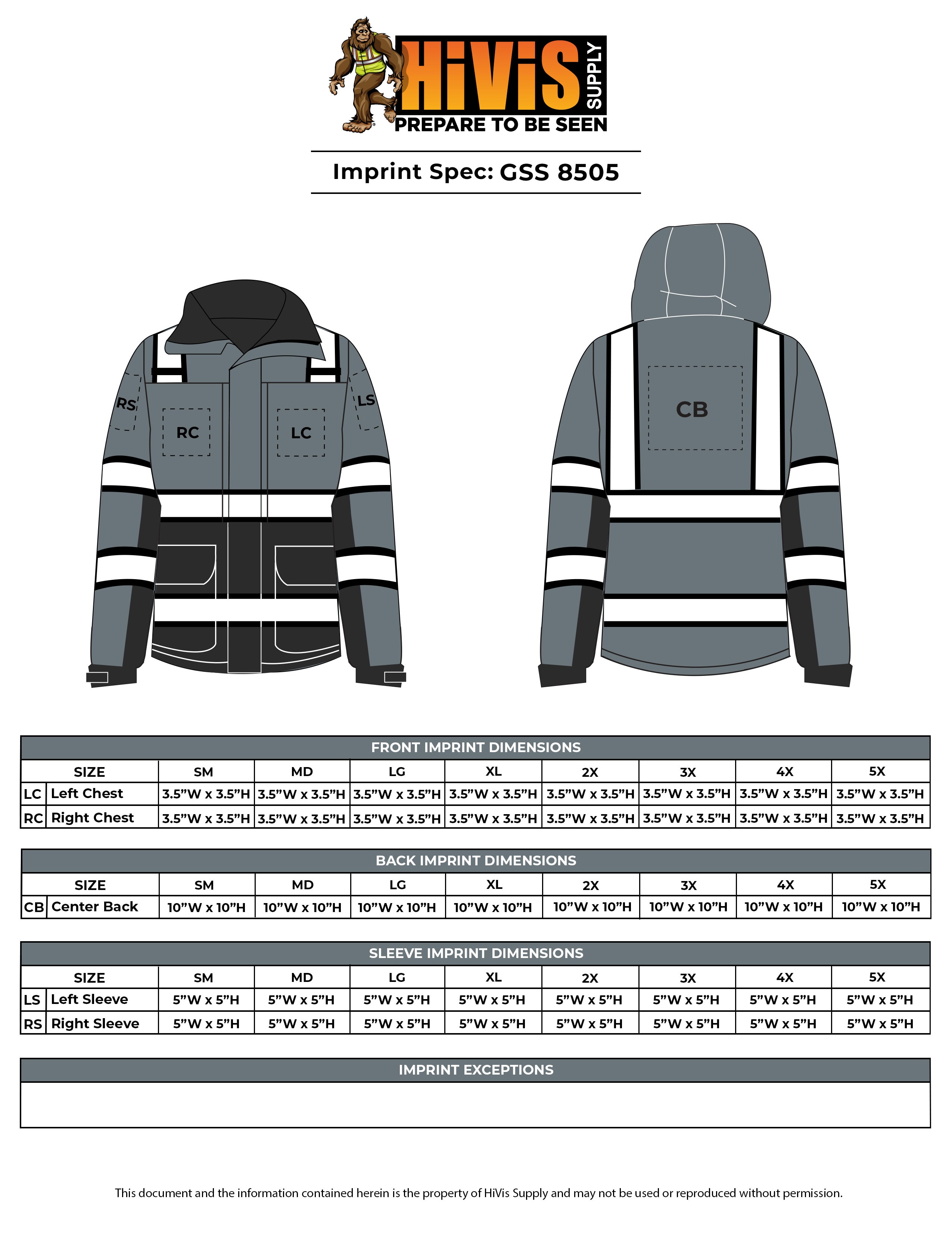 GSS 8505 Onyx Series Safety Parka Imprint Spec Sheet
