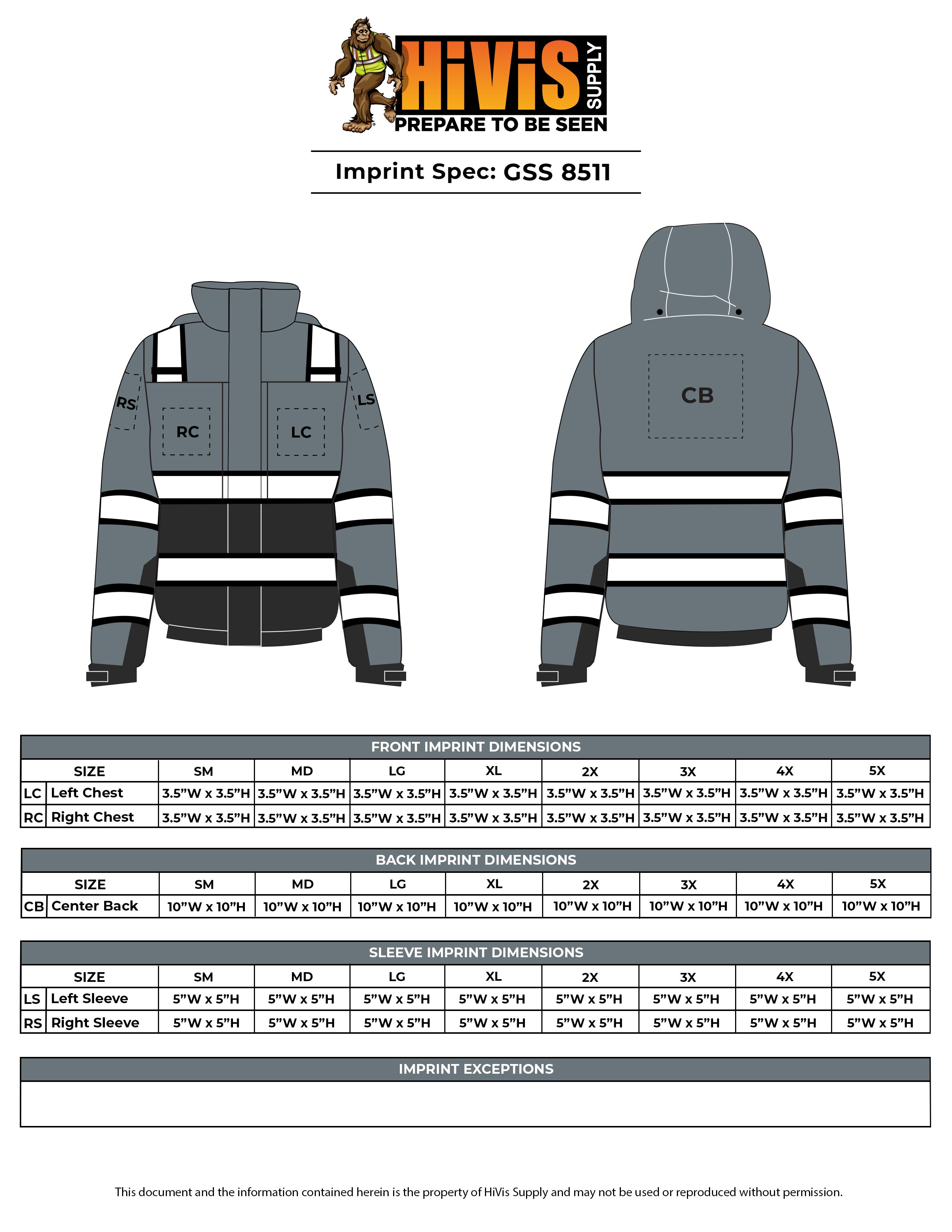 GSS 8511 Onyx Series Safety Bomber Jacket Imprint Spec Sheet